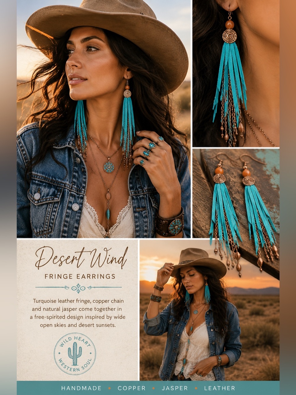 Natural Jasper And Genuine Turquoise Blue Leather Fringe And Copper Artisan